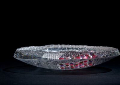 Handmade Art glass bowl with pinks, purple and gold enamels by International glass maker Deborah Timperley