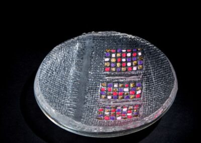 Handmade Art glass bowl with pinks, purple and gold enamels by International glass maker Deborah Timperley