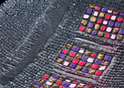 Handmade Art glass bowl with pinks, purple and gold enamels by International glass maker Deborah Timperley