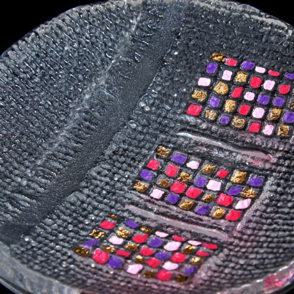Handmade Art glass bowl with pinks, purple and gold enamels by International glass maker Deborah Timperley