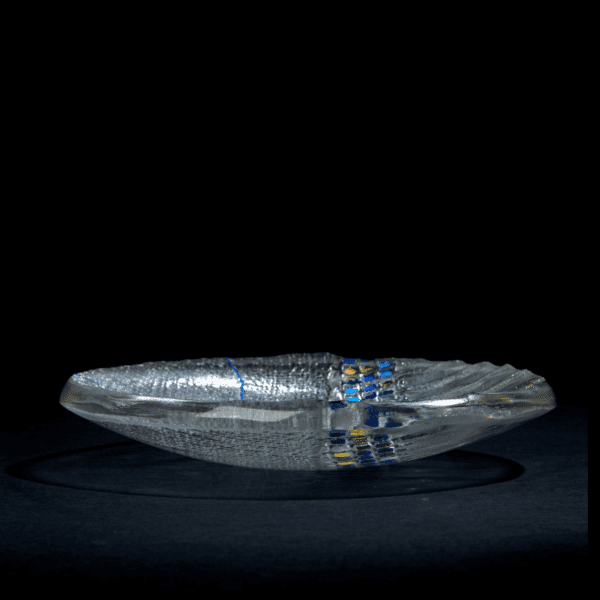 Handmade Art Glass bowl with blue and gold decoration showing the polished rim and texture made by international glass maker Deborah Timperley