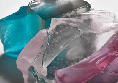Glass sculptures with colourful lighting, showcasing Deborah Timperley's artistic glasswork.