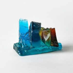 Vibrant glass art sculpture showcasing colourful, textured glass pieces by Deborah Timperley.